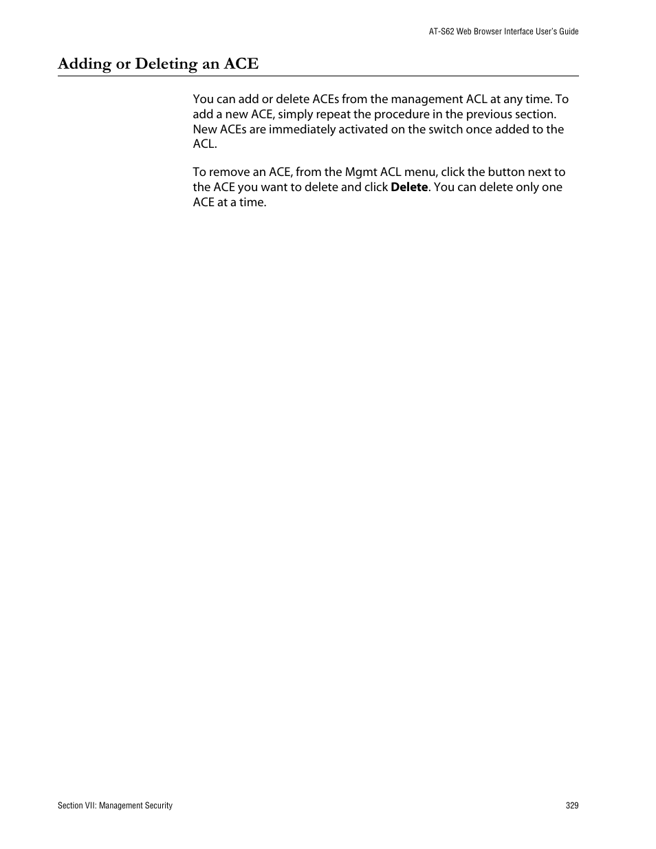 Adding or deleting an ace | Allied Telesis AT-S62 User Manual | Page 329 / 335