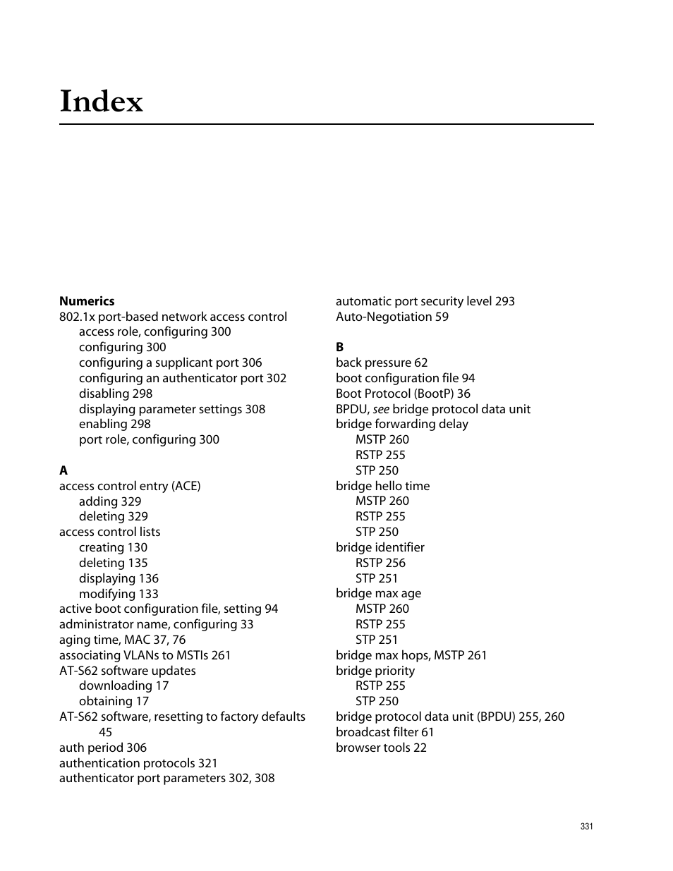 Index, Numerics | Allied Telesis AT-S62 User Manual | Page 331 / 335