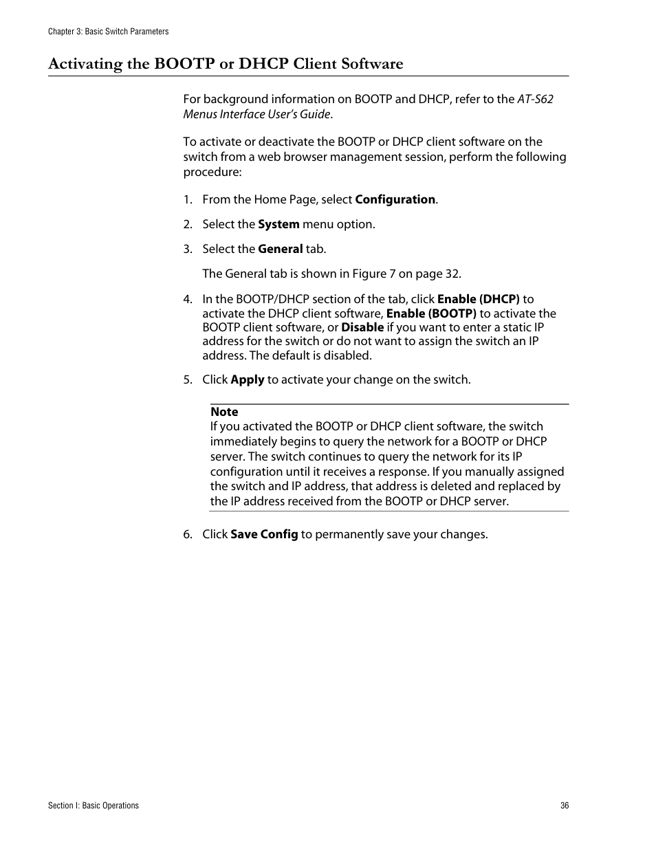 Activating the bootp or dhcp client software | Allied Telesis AT-S62 User Manual | Page 36 / 335