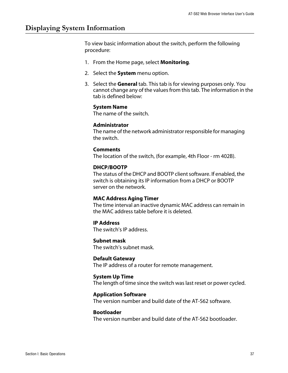 Displaying system information | Allied Telesis AT-S62 User Manual | Page 37 / 335