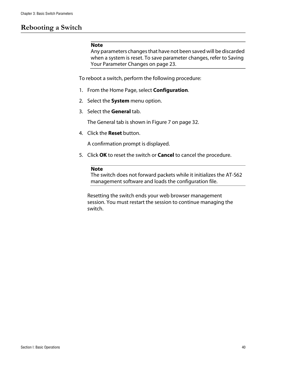 Rebooting a switch | Allied Telesis AT-S62 User Manual | Page 40 / 335