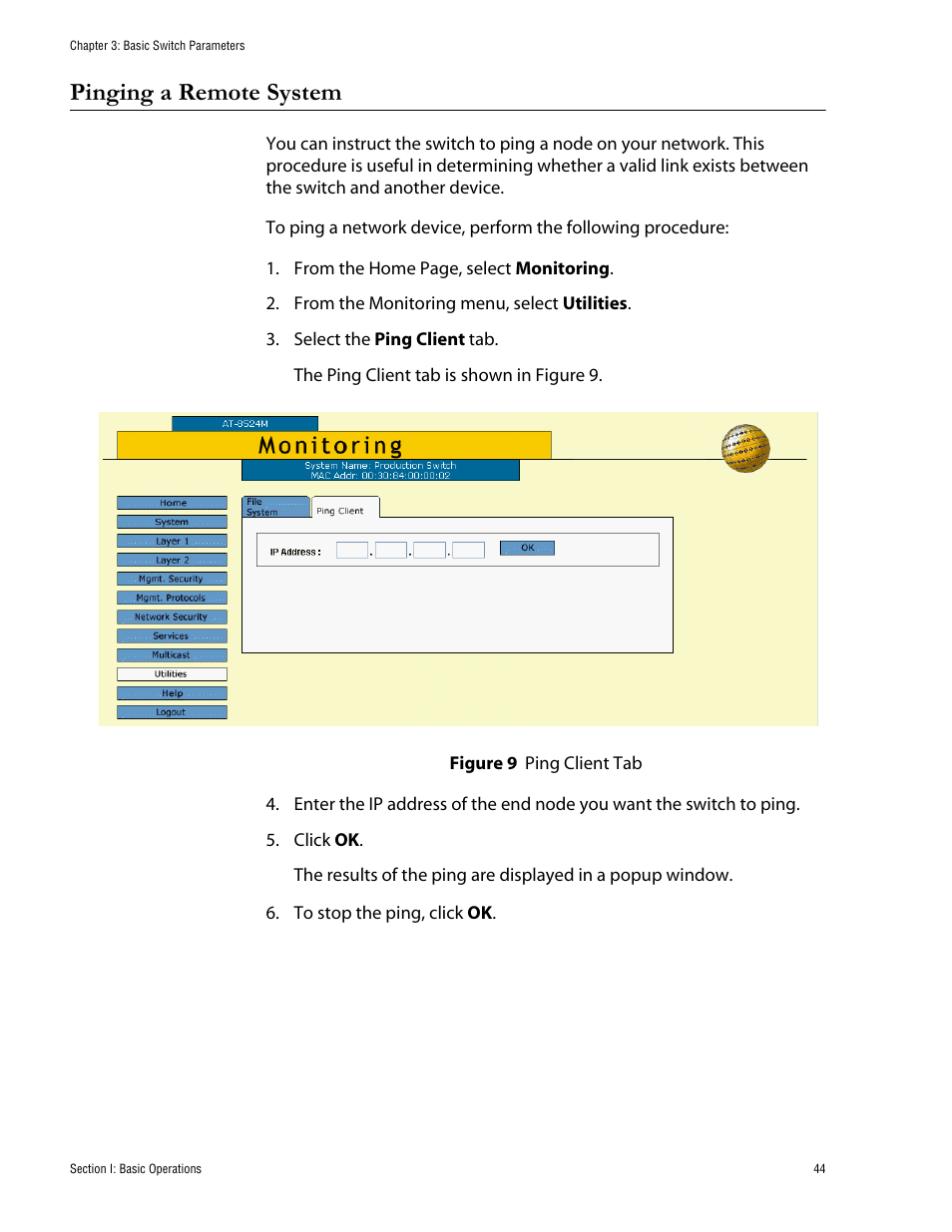 Pinging a remote system, Figure 9: ping client tab | Allied Telesis AT-S62 User Manual | Page 44 / 335