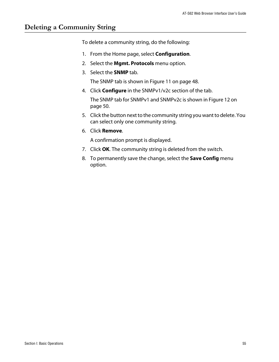 Deleting a community string | Allied Telesis AT-S62 User Manual | Page 55 / 335