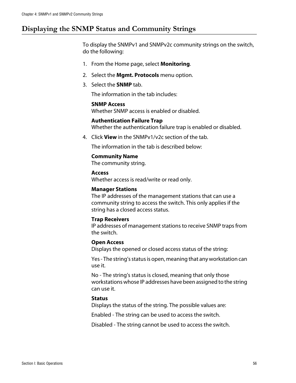 Displaying the snmp status and community strings | Allied Telesis AT-S62 User Manual | Page 56 / 335