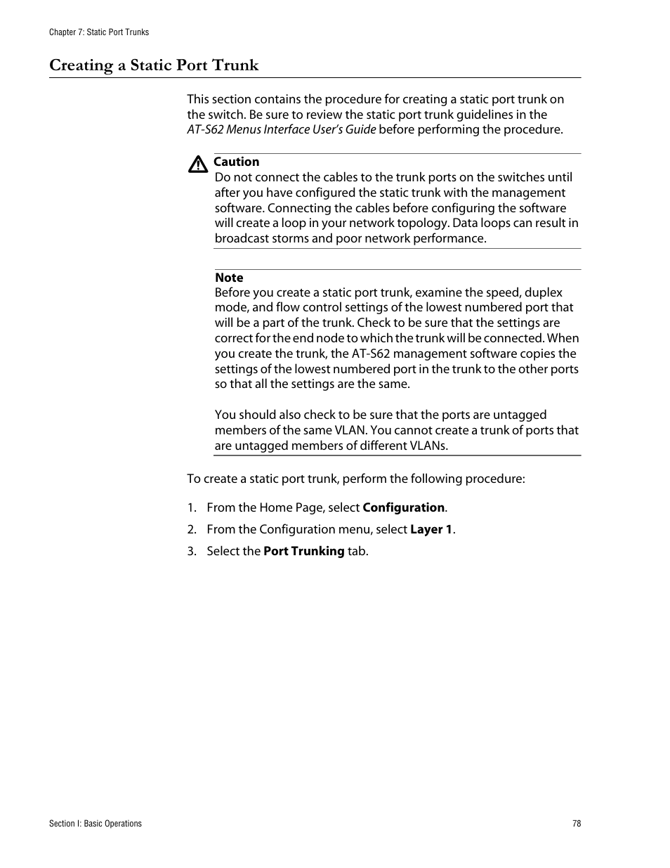 Creating a static port trunk | Allied Telesis AT-S62 User Manual | Page 78 / 335