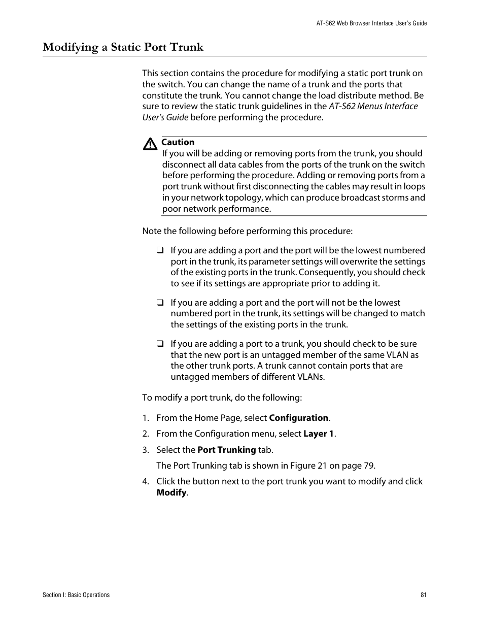 Modifying a static port trunk | Allied Telesis AT-S62 User Manual | Page 81 / 335