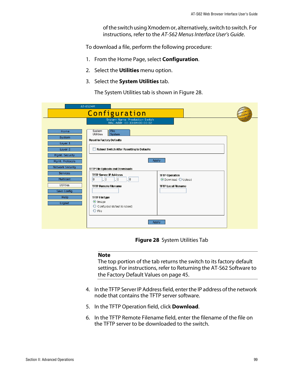 Figure 28: system utilities tab | Allied Telesis AT-S62 User Manual | Page 99 / 335