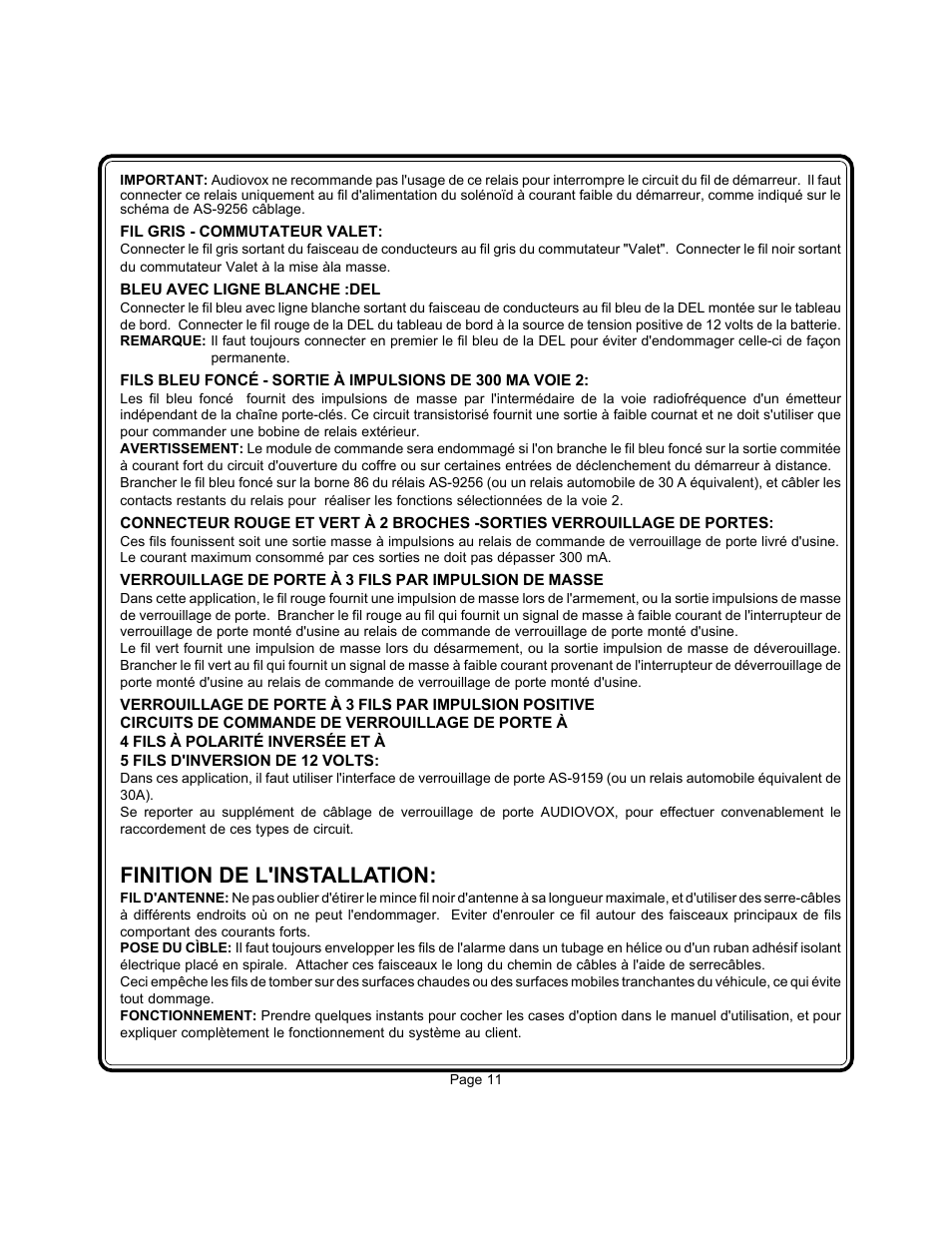 Finition de l'installation | Audiovox Prestige AS-9256 User Manual | Page 11 / 19