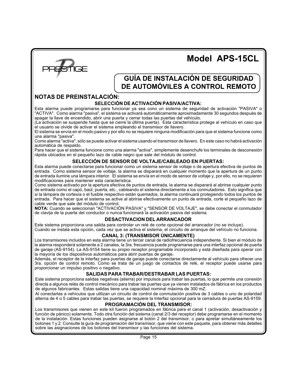 Model aps-15cl | Audiovox Prestige AS-9256 User Manual | Page 14 / 19