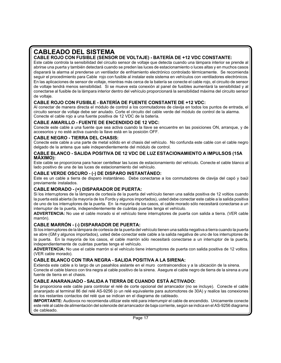 Cableado del sistema | Audiovox Prestige AS-9256 User Manual | Page 16 / 19