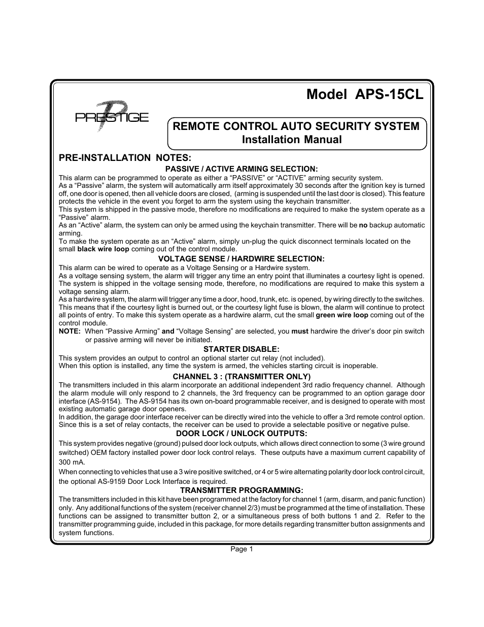 Model aps-15cl | Audiovox Prestige AS-9256 User Manual | Page 2 / 19