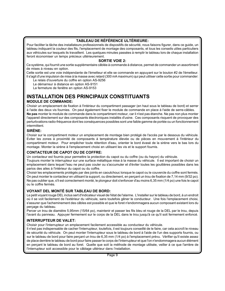 Installation des principaux constituants | Audiovox Prestige AS-9256 User Manual | Page 9 / 19