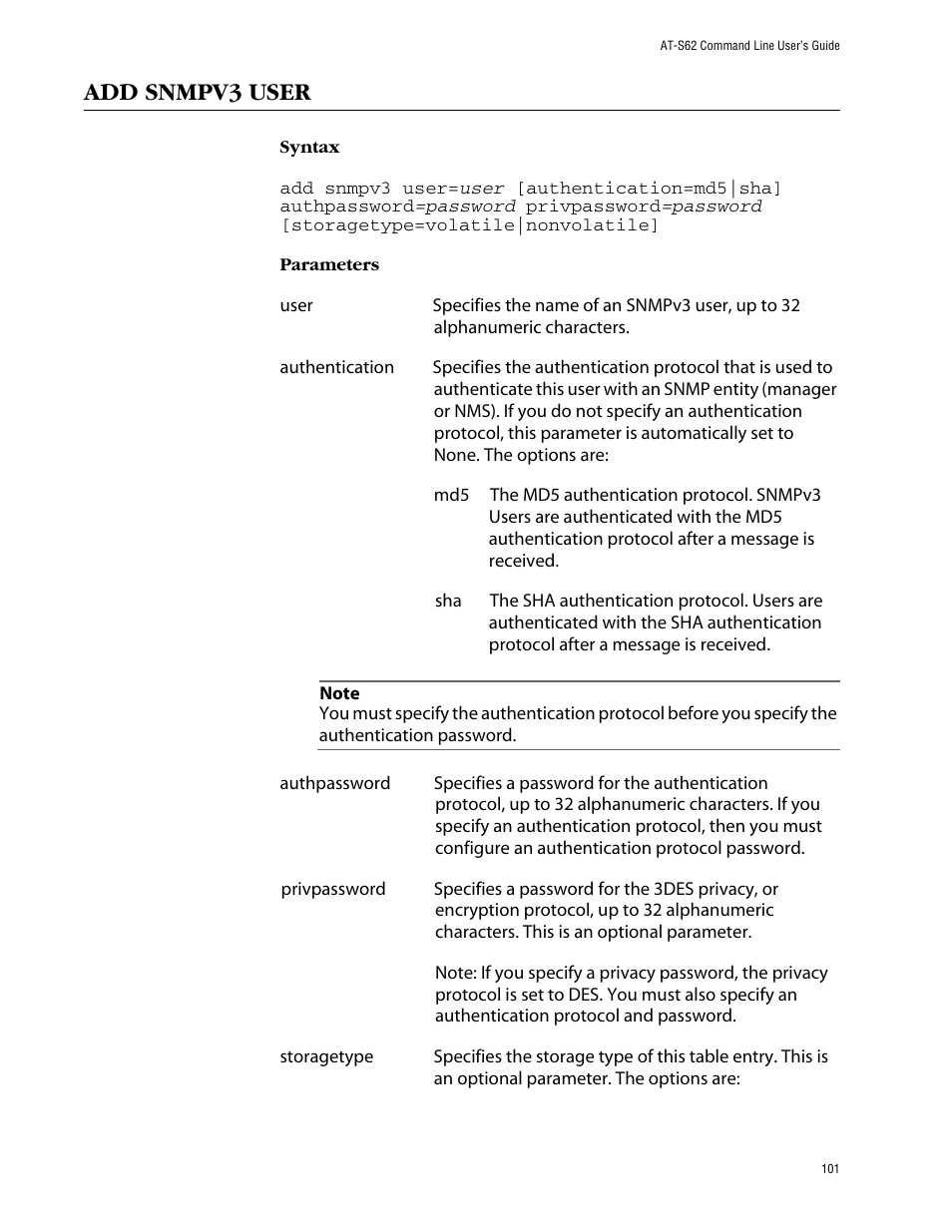 Add snmpv3 user | Allied Telesis AT-S62 User Manual | Page 101 / 573