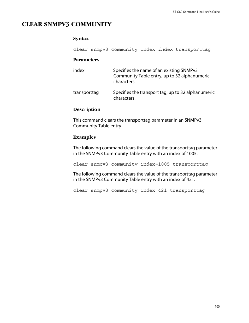 Clear snmpv3 community | Allied Telesis AT-S62 User Manual | Page 105 / 573