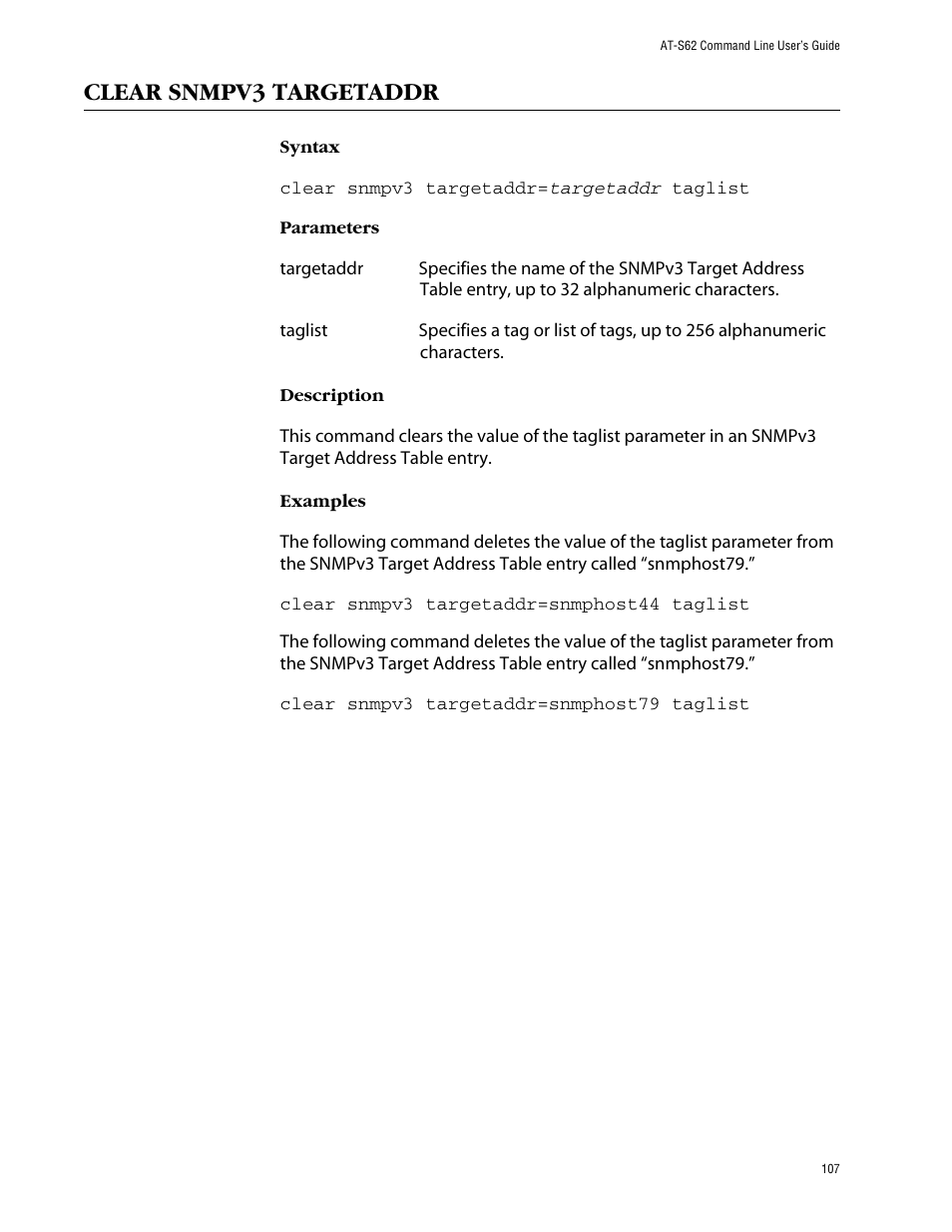 Clear snmpv3 targetaddr | Allied Telesis AT-S62 User Manual | Page 107 / 573