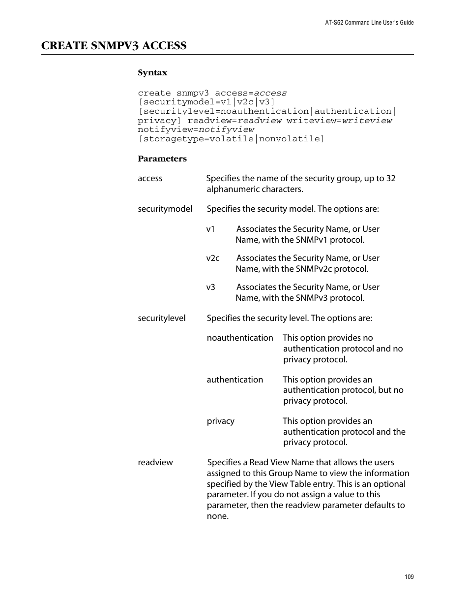 Create snmpv3 access | Allied Telesis AT-S62 User Manual | Page 109 / 573