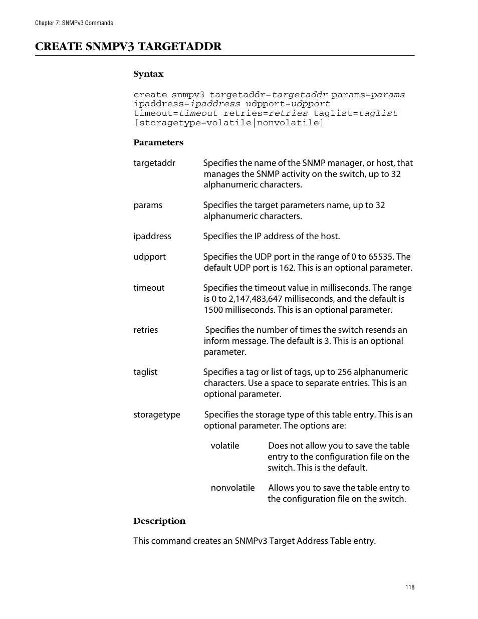 Create snmpv3 targetaddr | Allied Telesis AT-S62 User Manual | Page 118 / 573