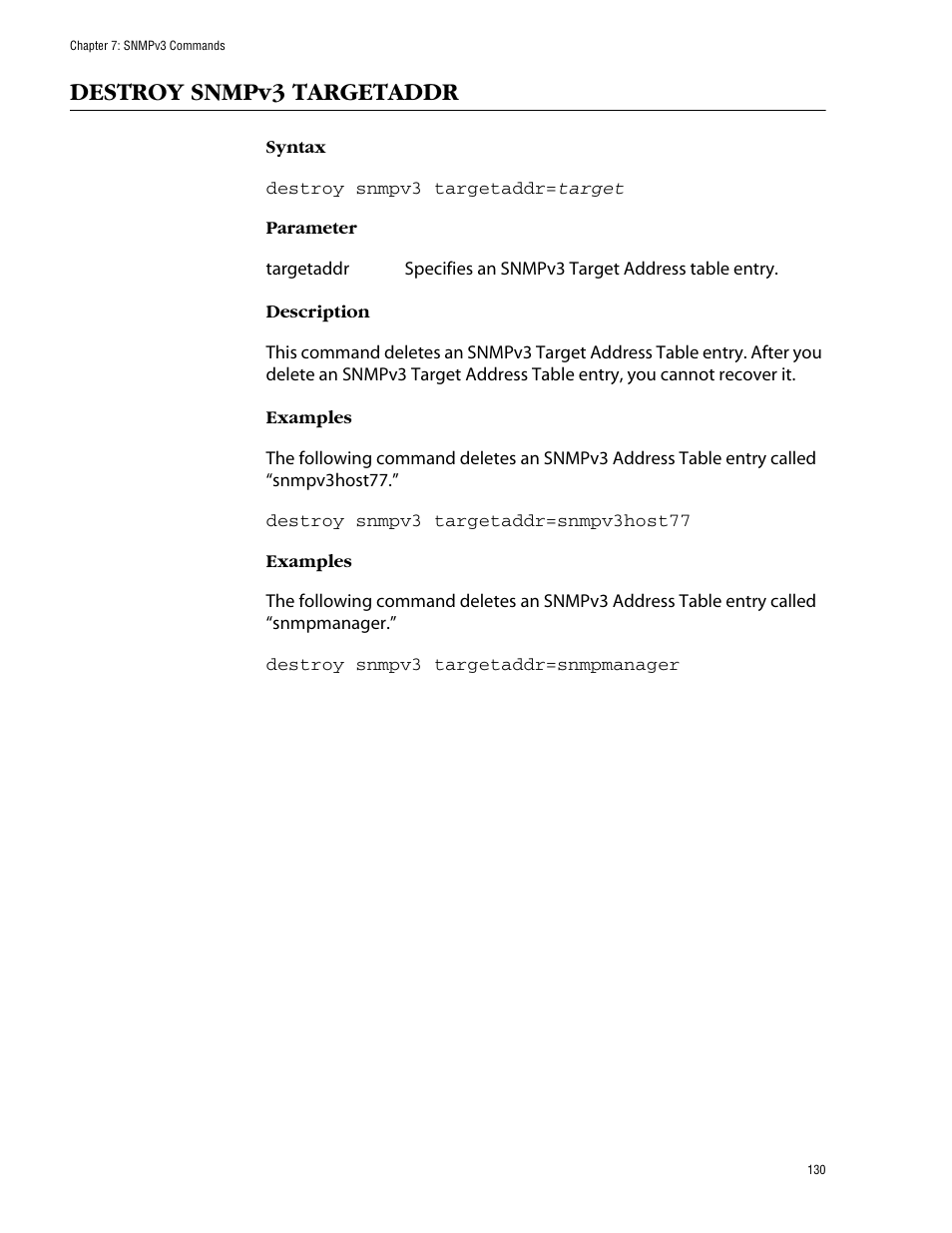 Destroy snmpv3 targetaddr | Allied Telesis AT-S62 User Manual | Page 130 / 573