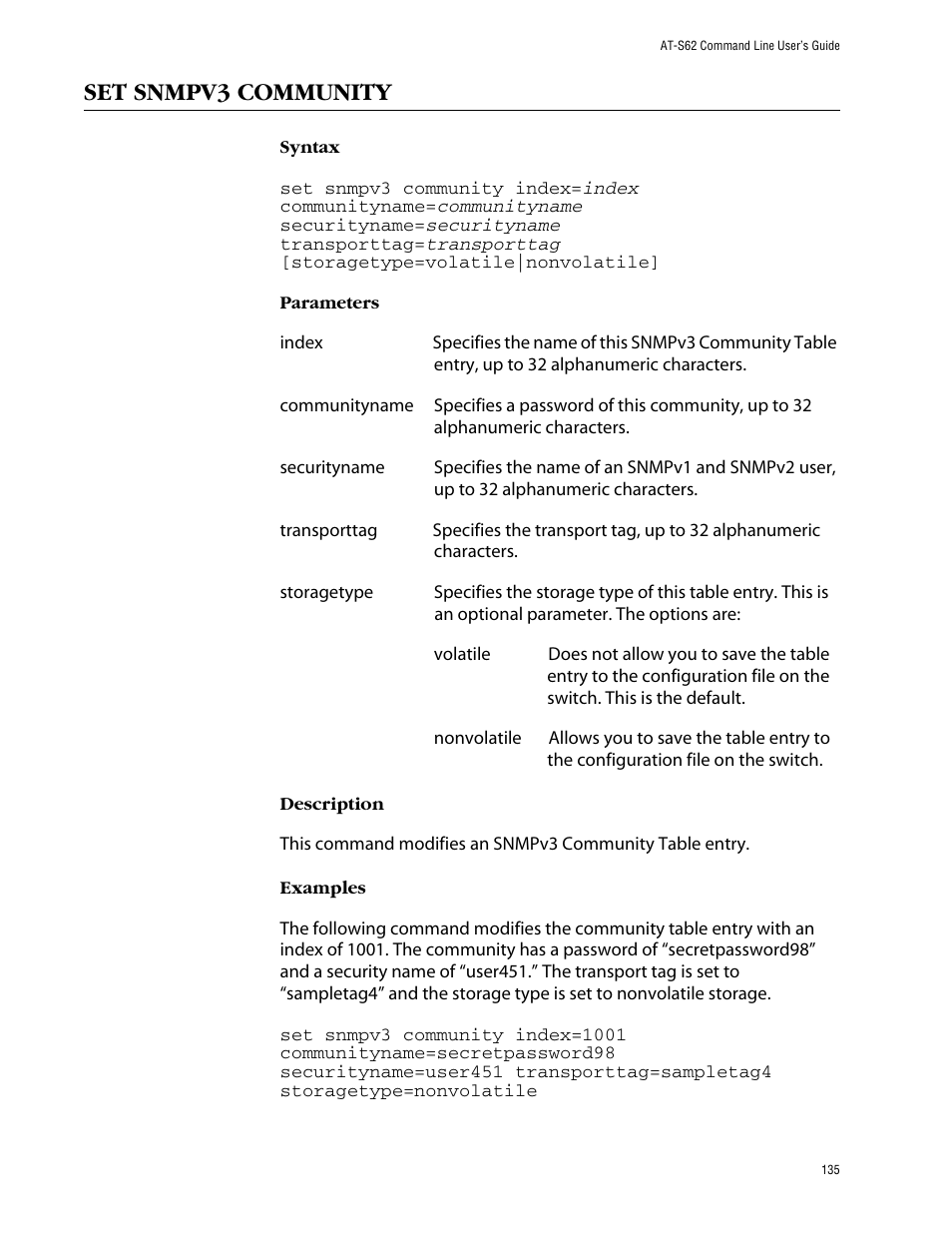 Set snmpv3 community | Allied Telesis AT-S62 User Manual | Page 135 / 573