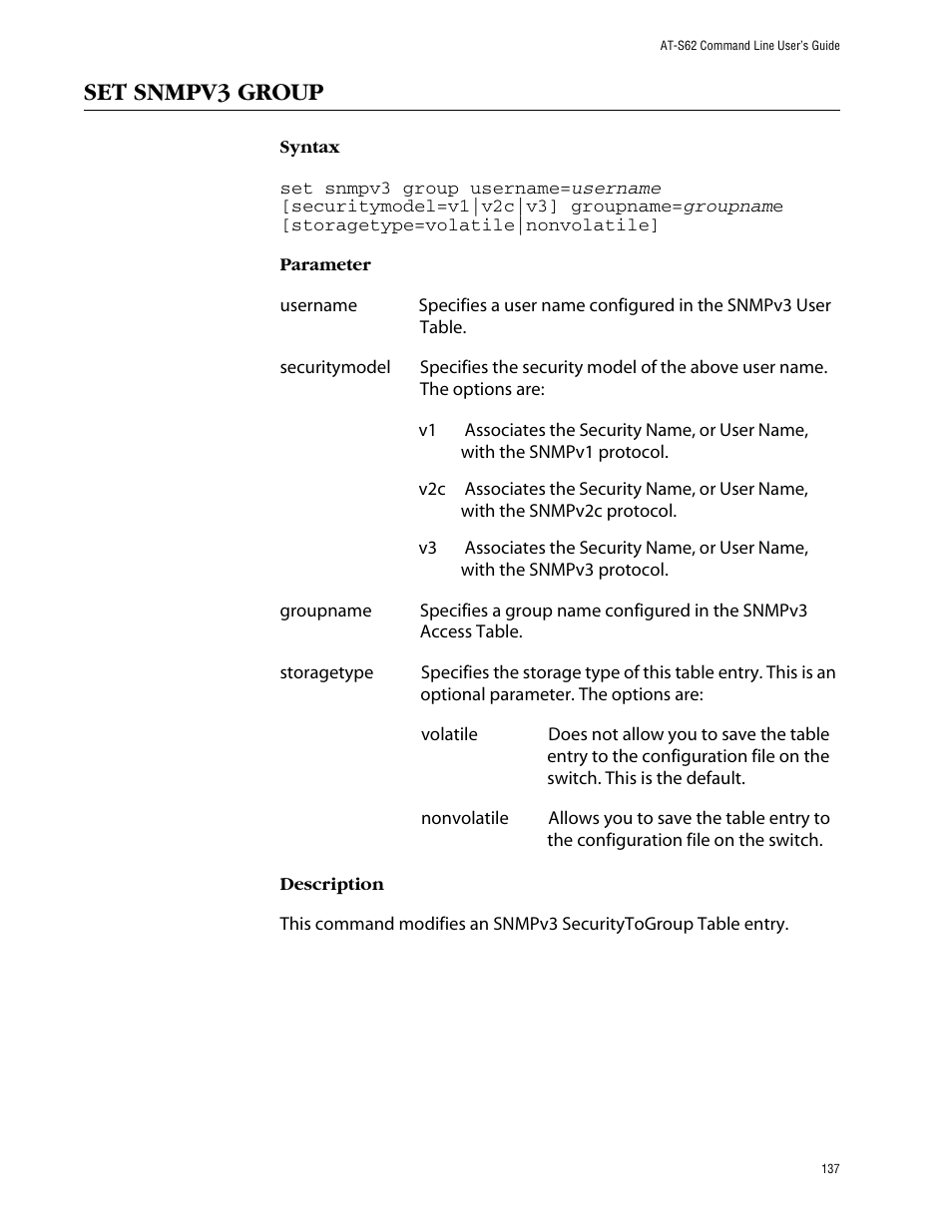 Set snmpv3 group | Allied Telesis AT-S62 User Manual | Page 137 / 573