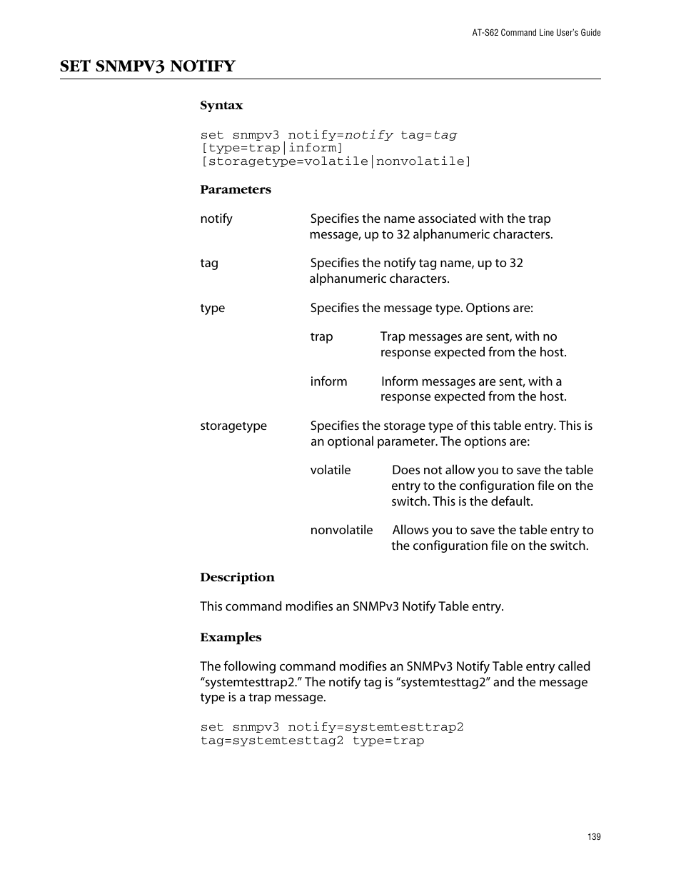 Set snmpv3 notify | Allied Telesis AT-S62 User Manual | Page 139 / 573