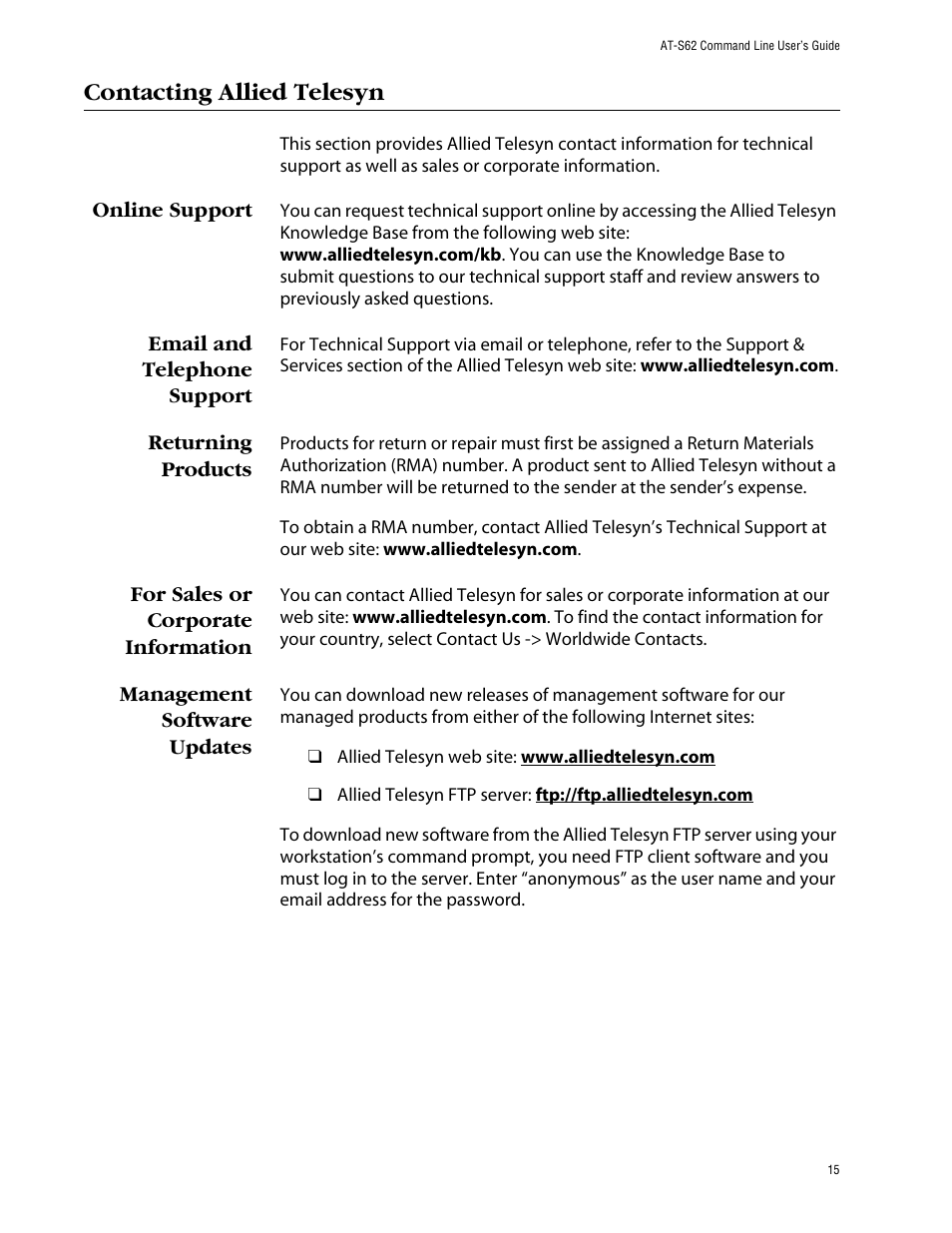 Contacting allied telesyn, Online support, Email and telephone support | Returning products, For sales or corporate information, Management software updates | Allied Telesis AT-S62 User Manual | Page 15 / 573