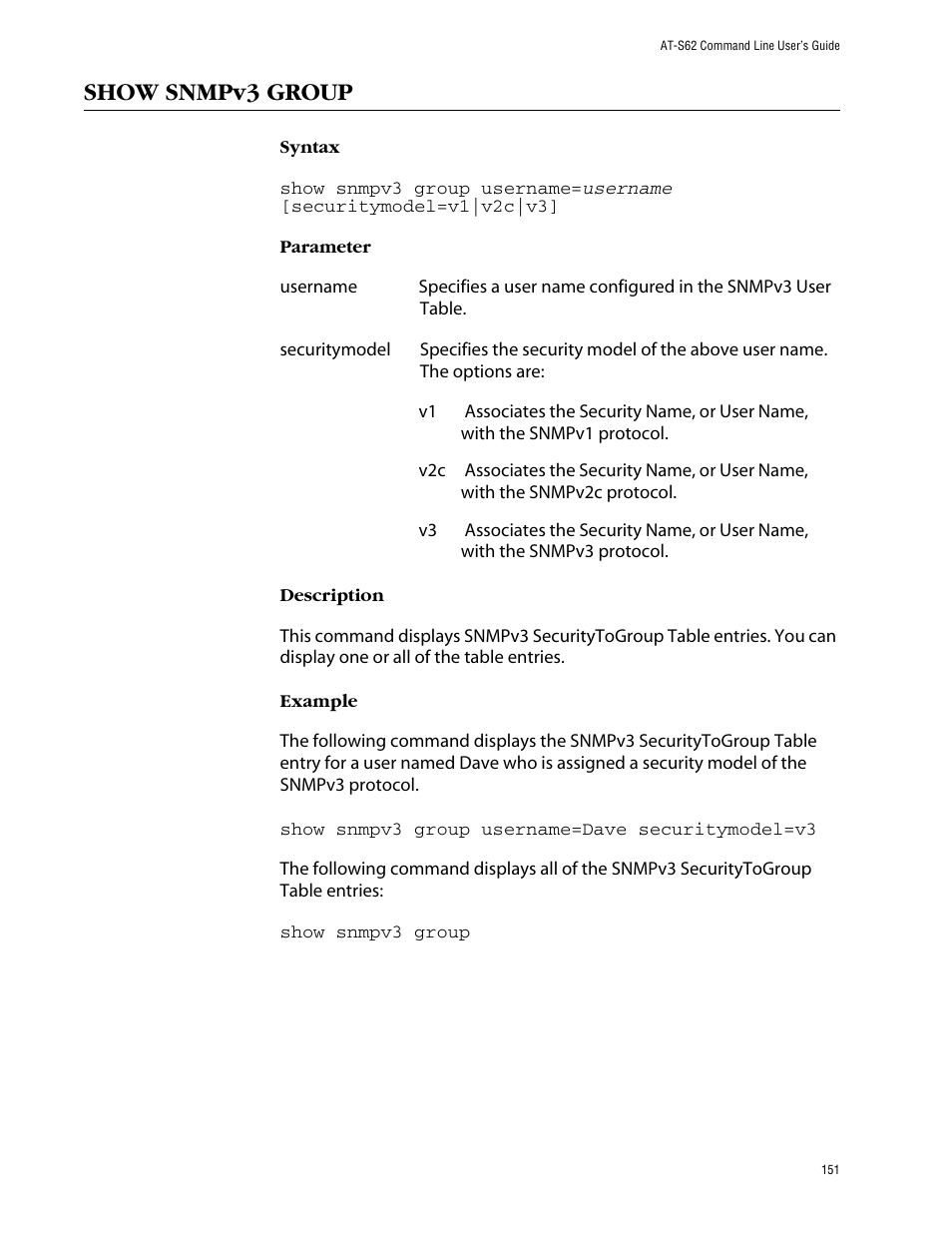 Show snmpv3 group | Allied Telesis AT-S62 User Manual | Page 151 / 573