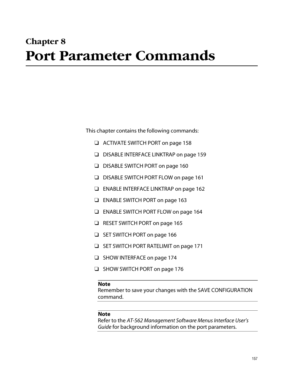 Chapter 8, Port parameter commands | Allied Telesis AT-S62 User Manual | Page 157 / 573