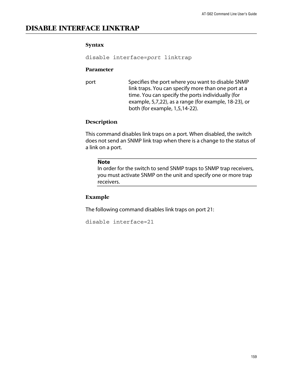 Disable interface linktrap | Allied Telesis AT-S62 User Manual | Page 159 / 573