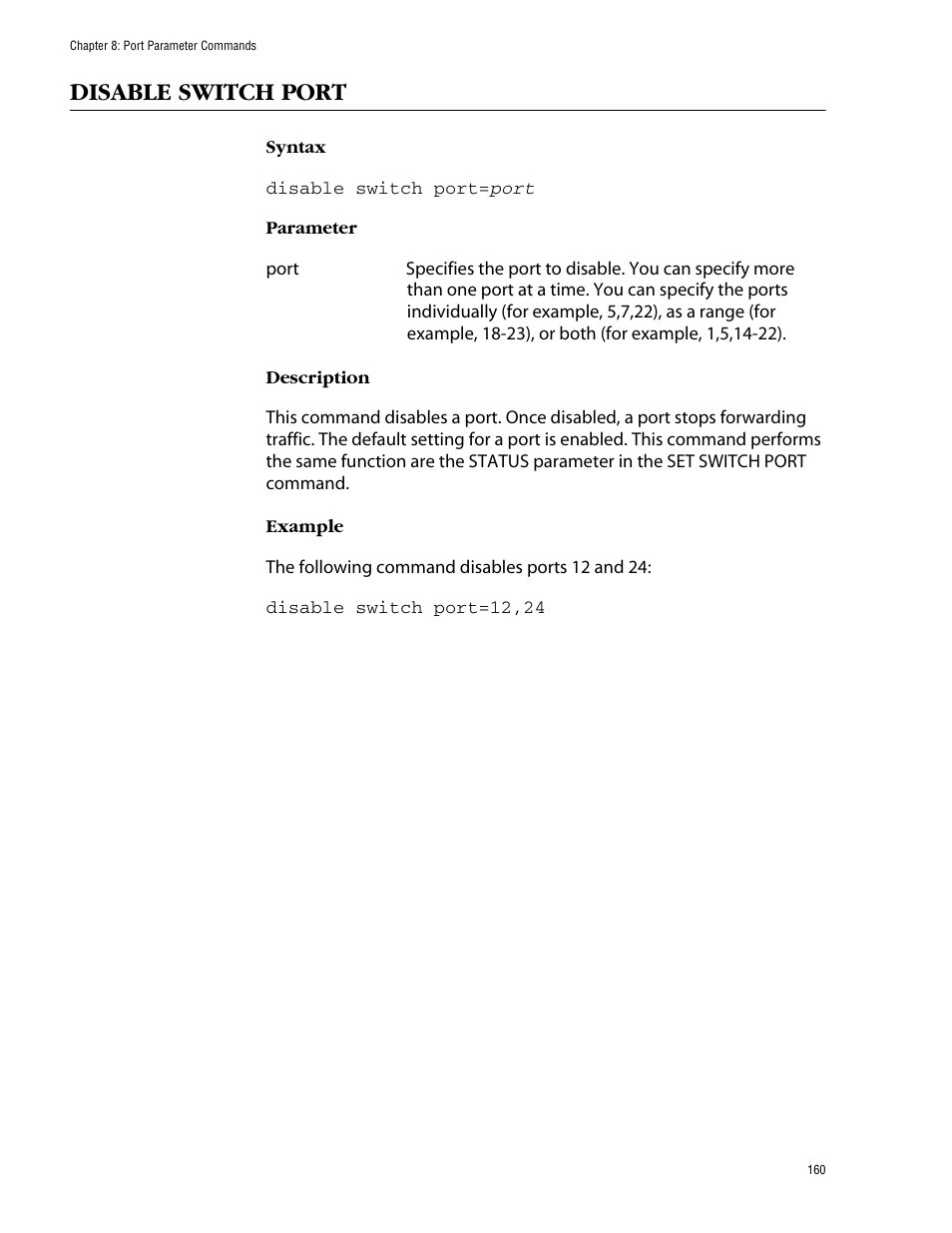 Disable switch port | Allied Telesis AT-S62 User Manual | Page 160 / 573