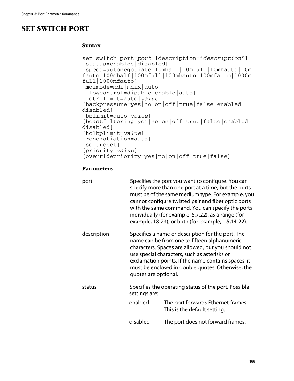 Set switch port | Allied Telesis AT-S62 User Manual | Page 166 / 573