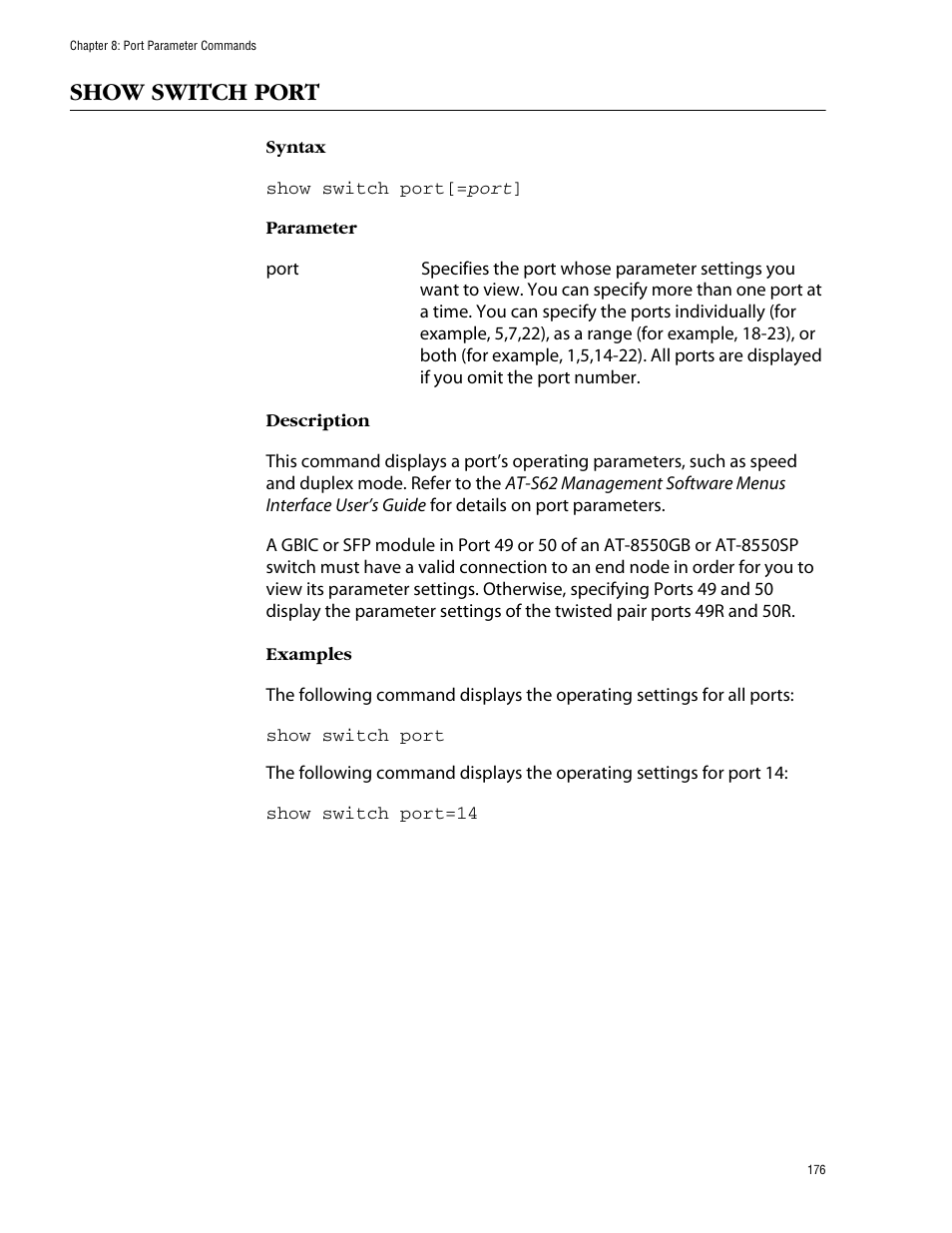 Show switch port | Allied Telesis AT-S62 User Manual | Page 176 / 573