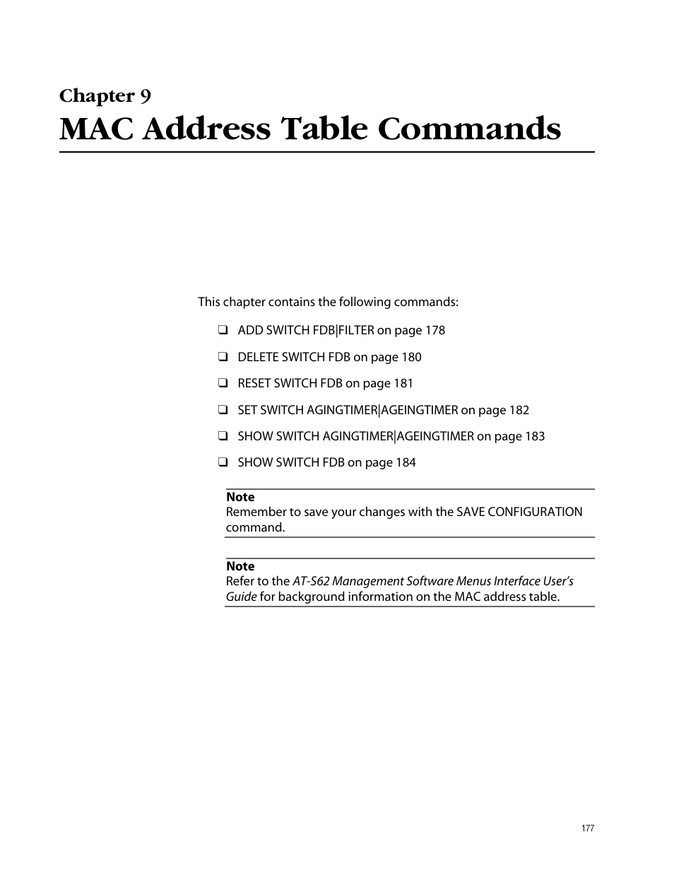 Chapter 9, Mac address table commands | Allied Telesis AT-S62 User Manual | Page 177 / 573