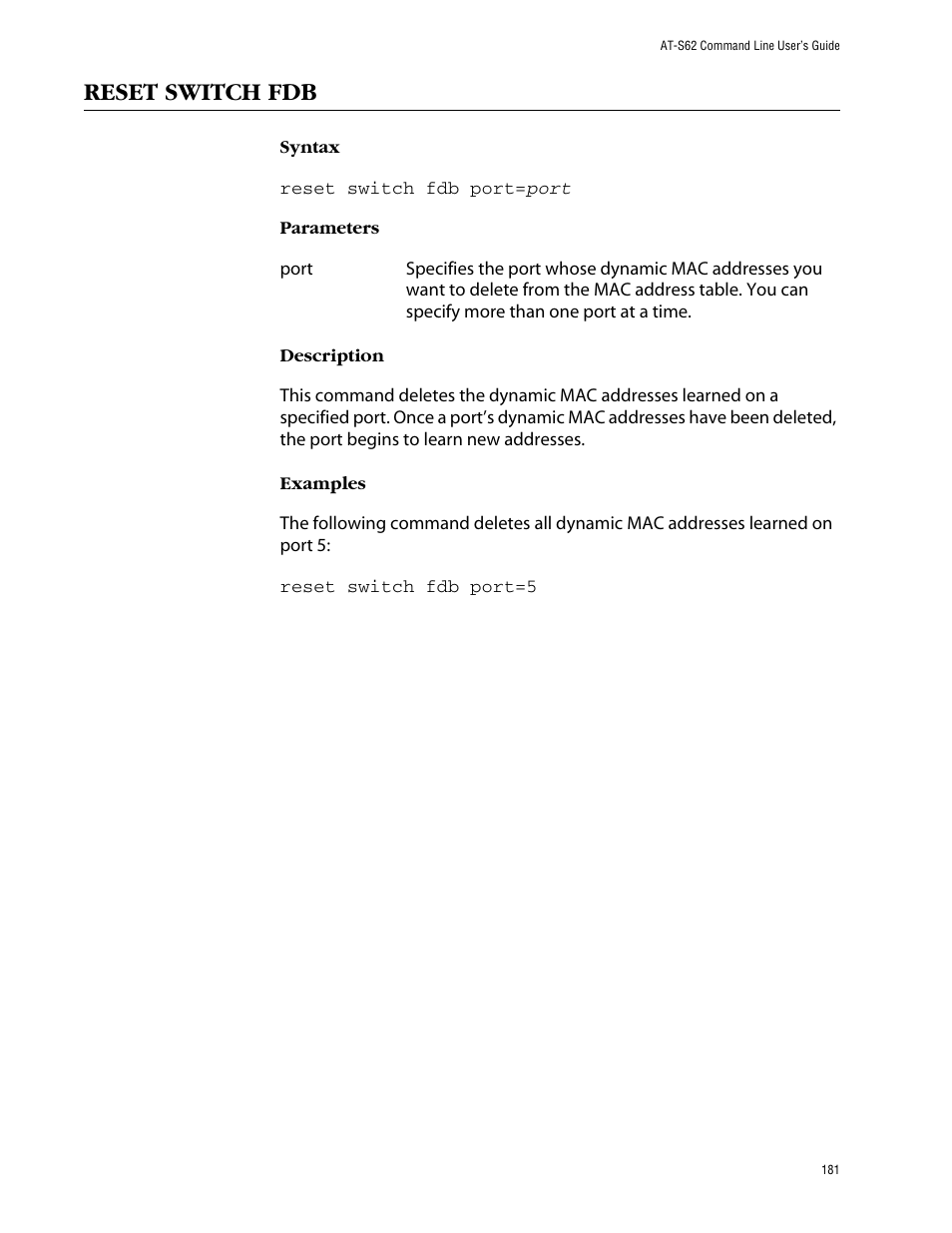 Reset switch fdb | Allied Telesis AT-S62 User Manual | Page 181 / 573