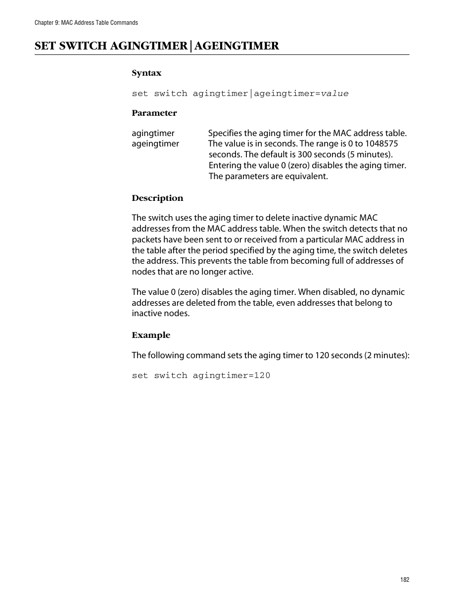 Set switch agingtimer|ageingtimer | Allied Telesis AT-S62 User Manual | Page 182 / 573
