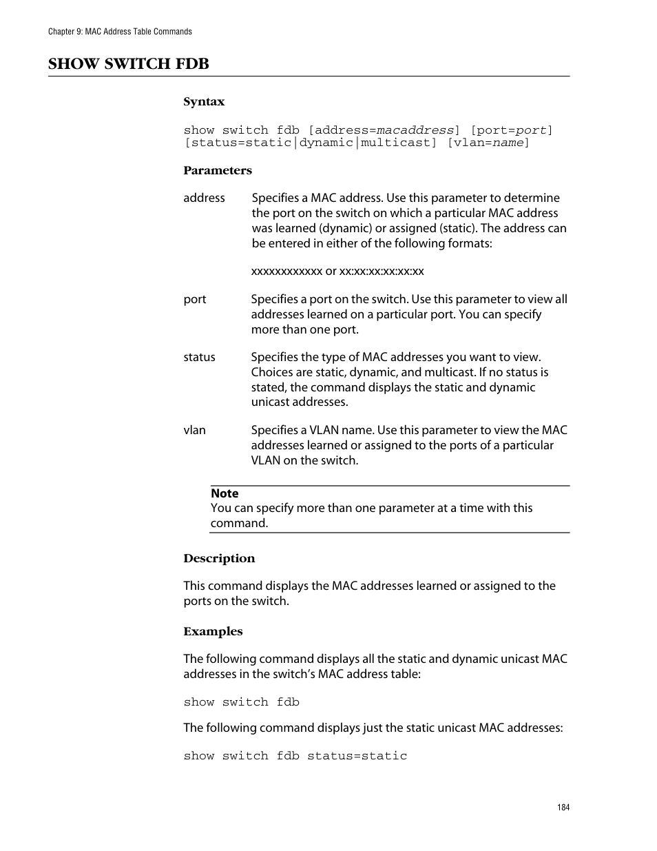 Show switch fdb | Allied Telesis AT-S62 User Manual | Page 184 / 573