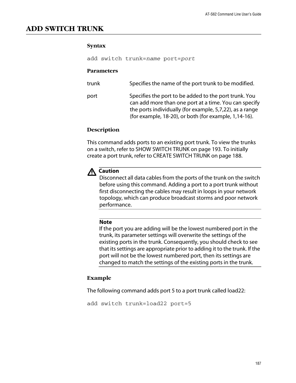 Add switch trunk | Allied Telesis AT-S62 User Manual | Page 187 / 573