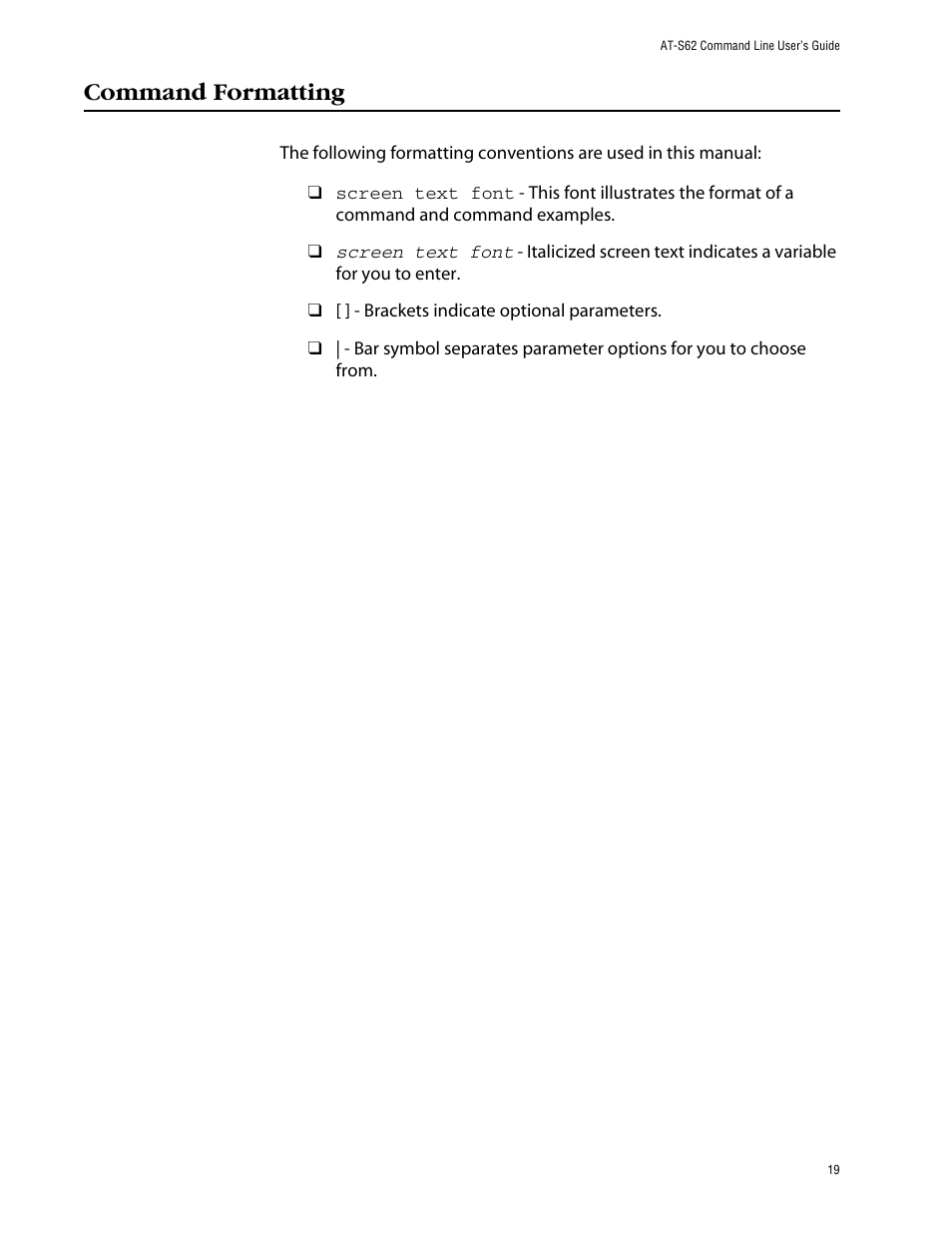 Command formatting | Allied Telesis AT-S62 User Manual | Page 19 / 573