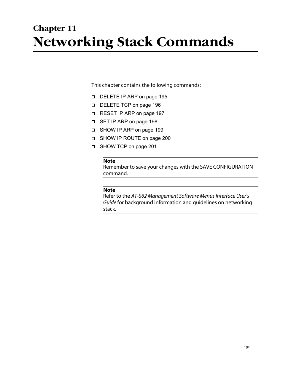 Chapter 11, Networking stack commands | Allied Telesis AT-S62 User Manual | Page 194 / 573