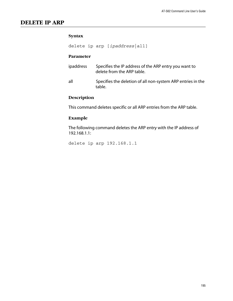 Delete ip arp | Allied Telesis AT-S62 User Manual | Page 195 / 573