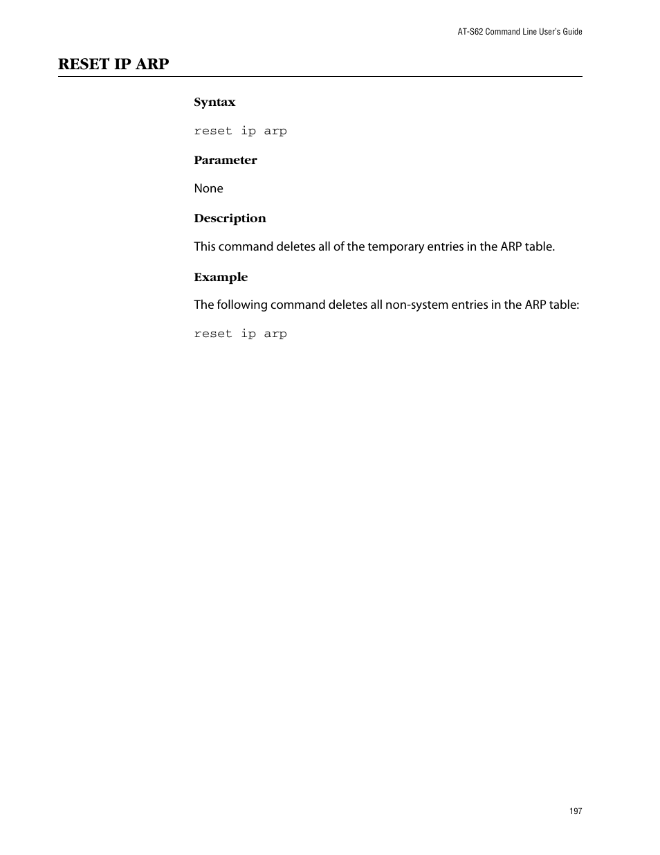 Reset ip arp | Allied Telesis AT-S62 User Manual | Page 197 / 573