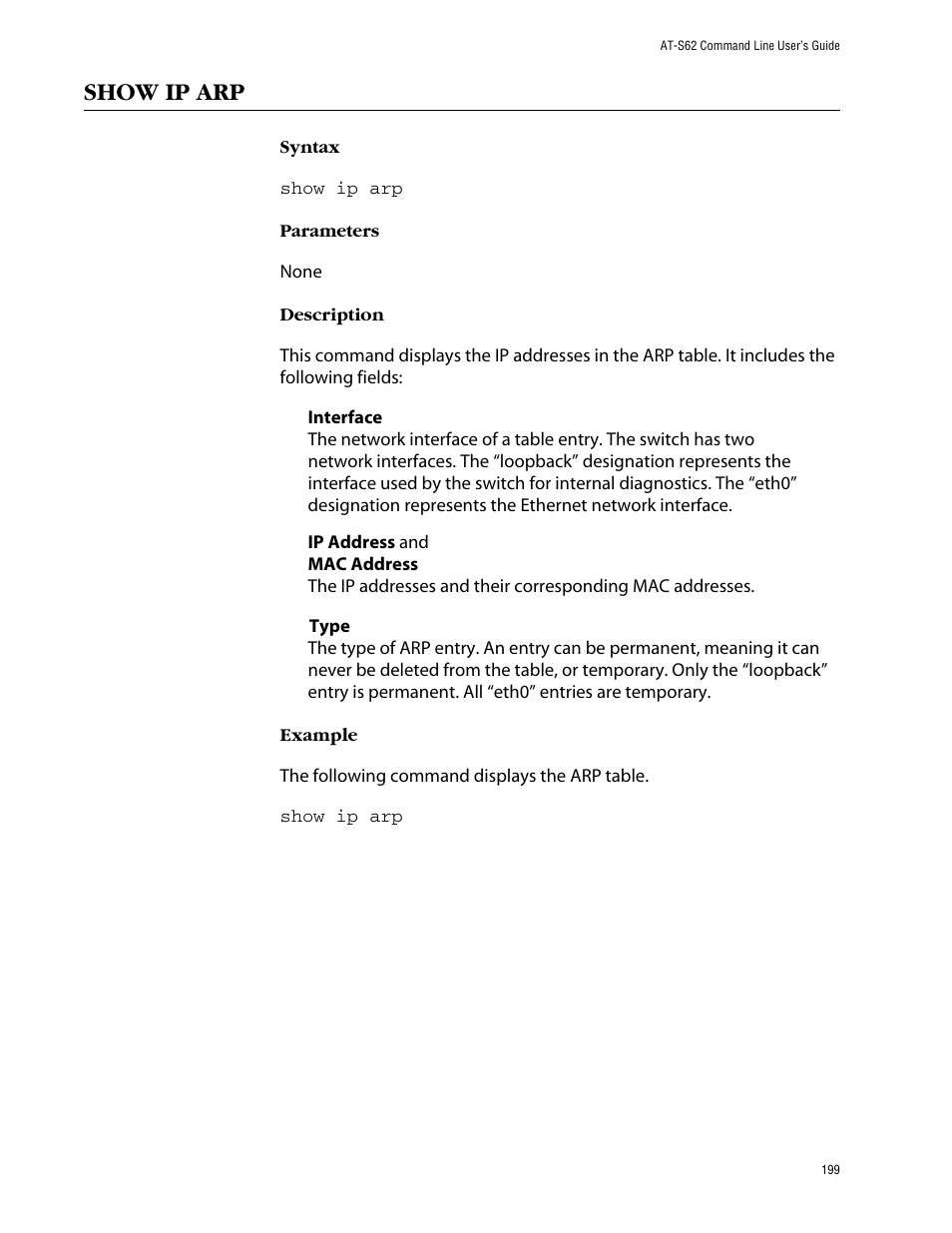 Show ip arp | Allied Telesis AT-S62 User Manual | Page 199 / 573