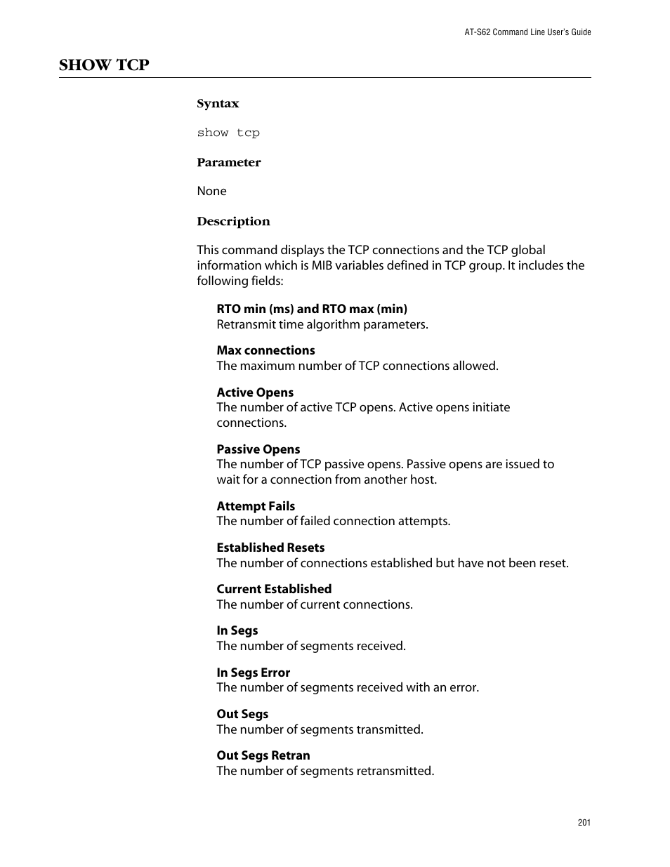 Show tcp | Allied Telesis AT-S62 User Manual | Page 201 / 573