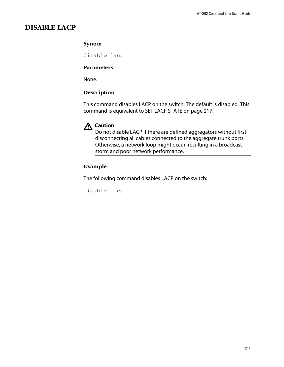 Disable lacp | Allied Telesis AT-S62 User Manual | Page 211 / 573