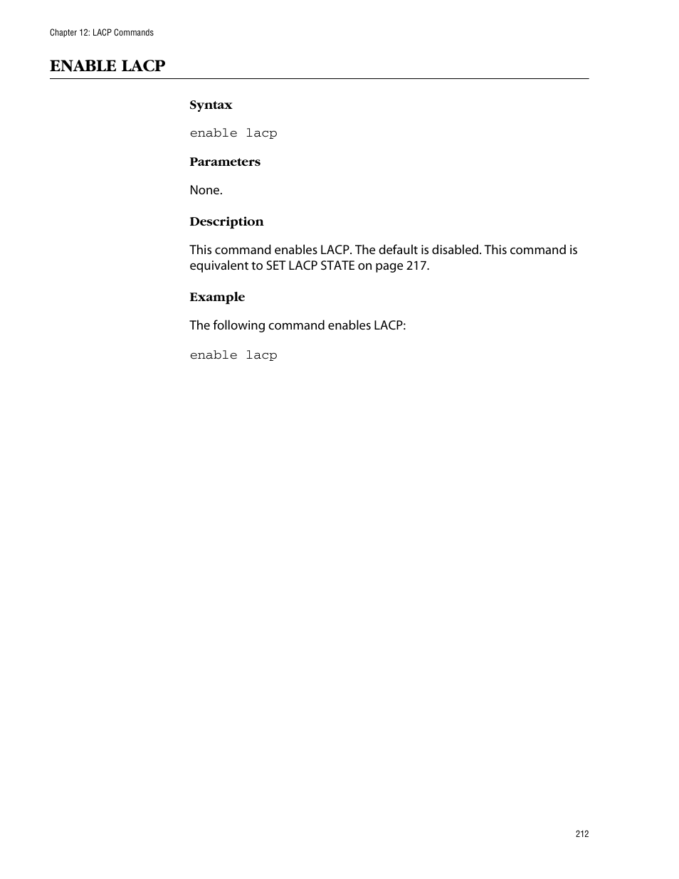 Enable lacp | Allied Telesis AT-S62 User Manual | Page 212 / 573