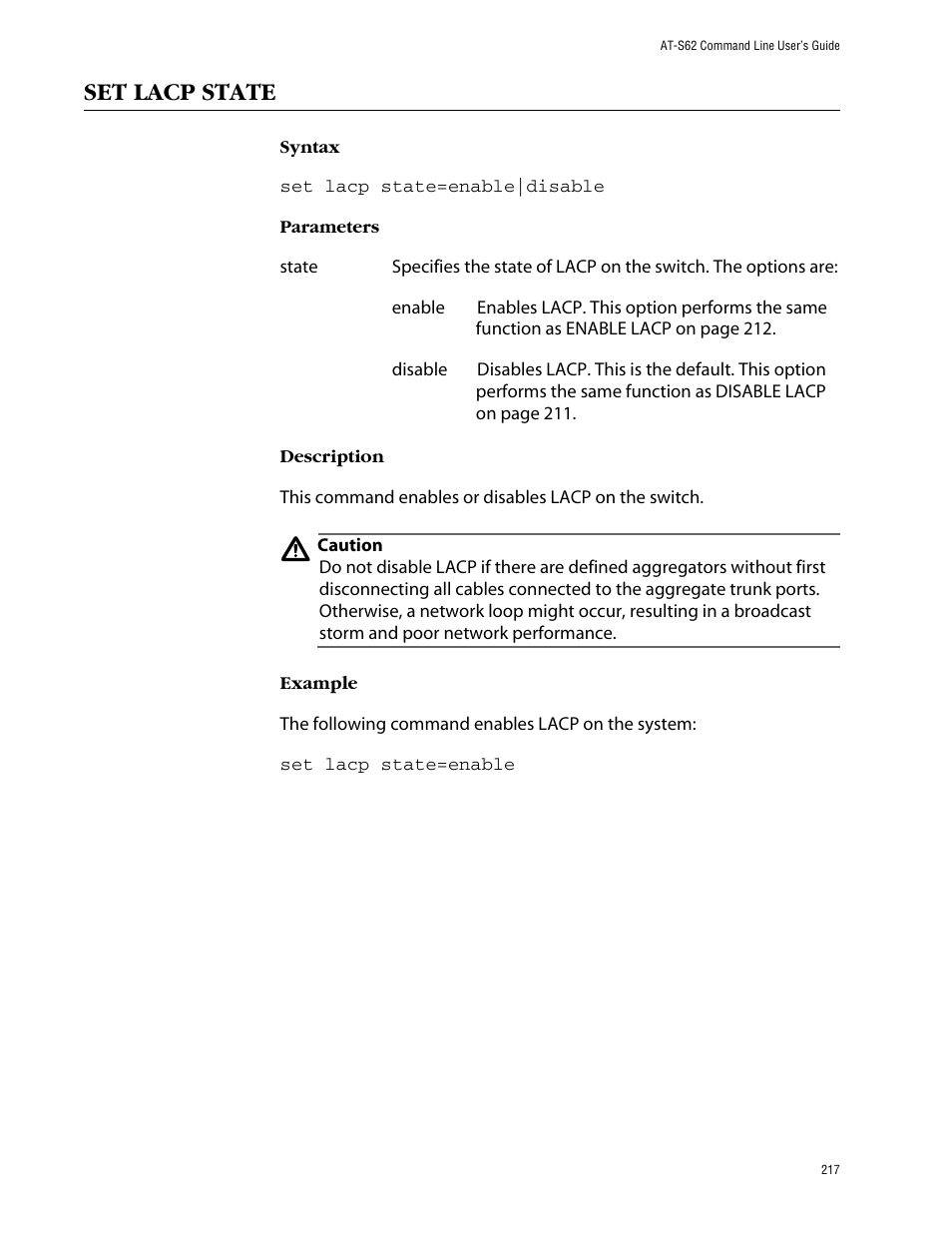 Set lacp state | Allied Telesis AT-S62 User Manual | Page 217 / 573