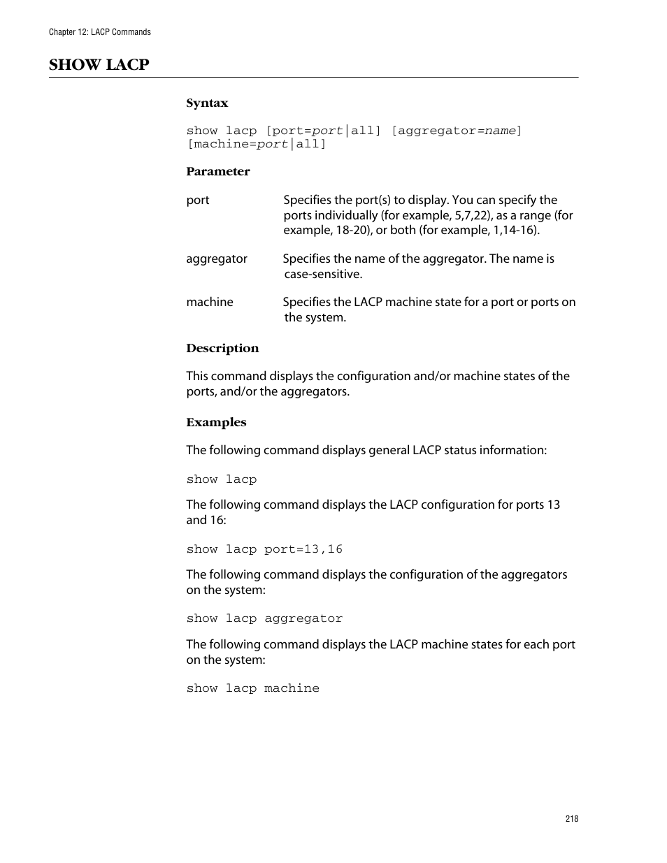 Show lacp | Allied Telesis AT-S62 User Manual | Page 218 / 573