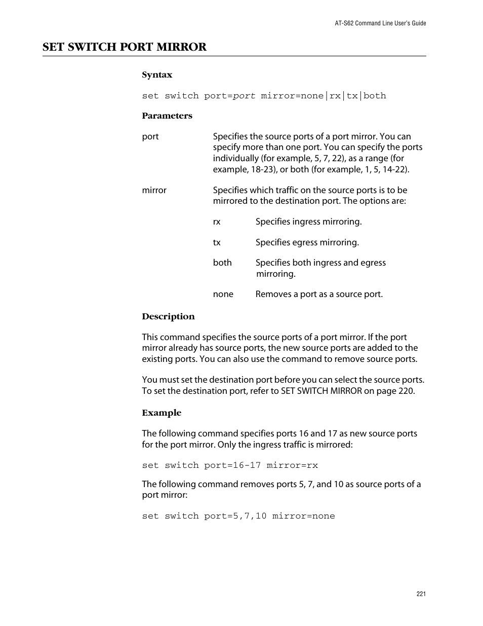 Set switch port mirror | Allied Telesis AT-S62 User Manual | Page 221 / 573