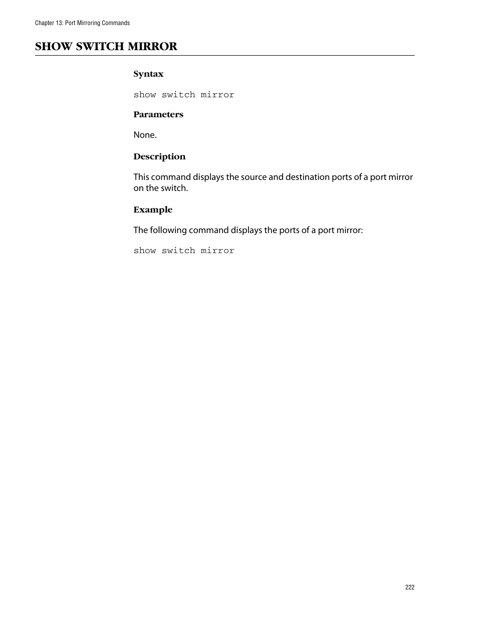 Show switch mirror | Allied Telesis AT-S62 User Manual | Page 222 / 573