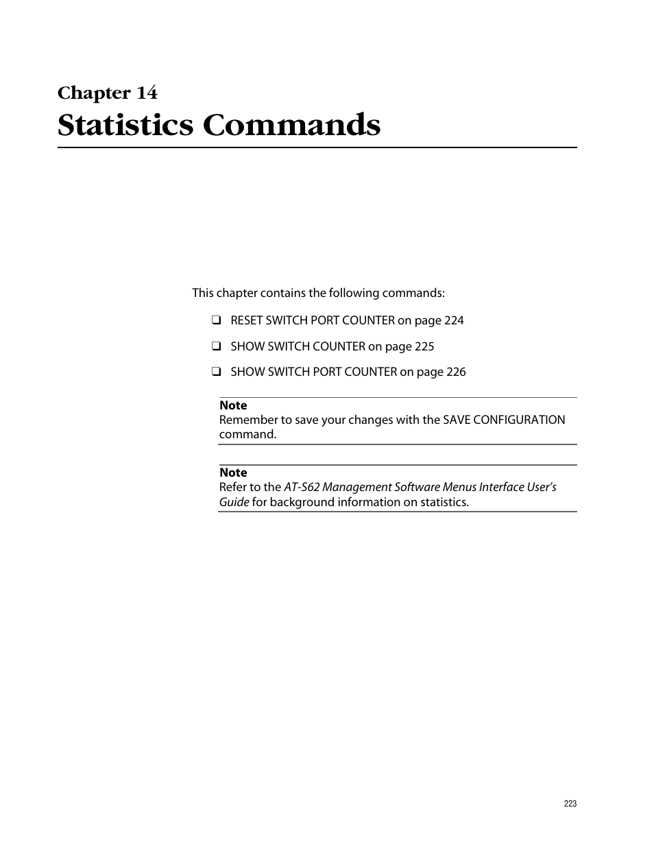 Chapter 14, Statistics commands | Allied Telesis AT-S62 User Manual | Page 223 / 573